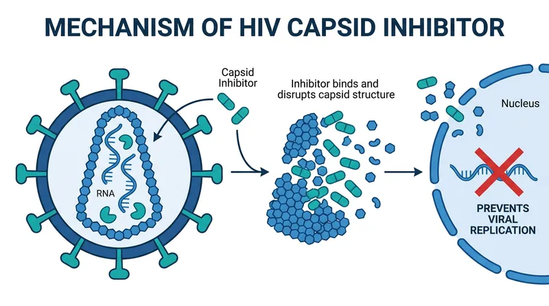 Lenacapavir acts as a capsid inhibitor, binding to the virus's protective shell and disrupting multiple stages of its lifecycle.