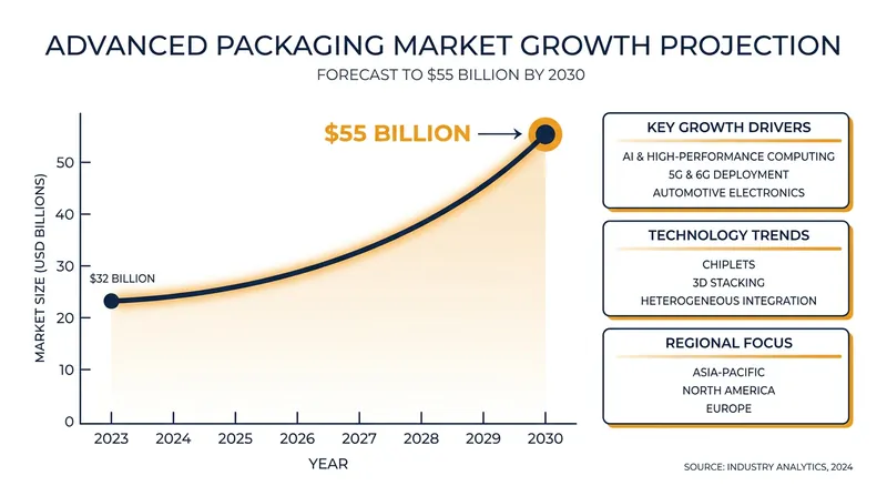 The advanced packaging market is projected to reach $55 billion by 2030 as AI demand surges.