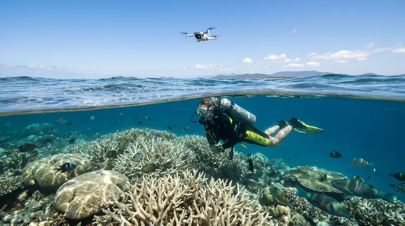 While drones map the shallow reef flats, scuba divers are still required to assess deeper mesophotic corals.