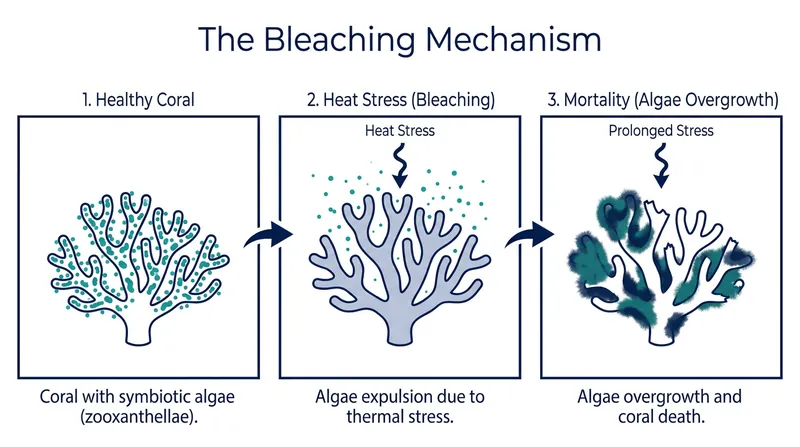 The biological process of coral bleaching and subsequent starvation.