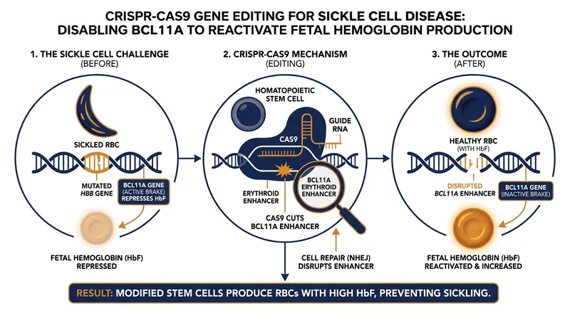 By disabling the BCL11A genetic switch, CRISPR therapies prompt the body to produce healthy fetal hemoglobin, preventing red blood cells from sickling.