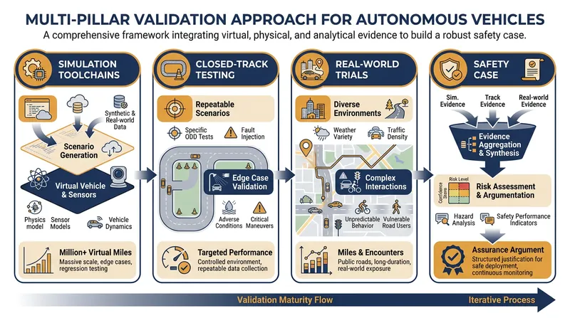 Automakers must prove their systems are safer than a human driver through a multi-layered testing approach.