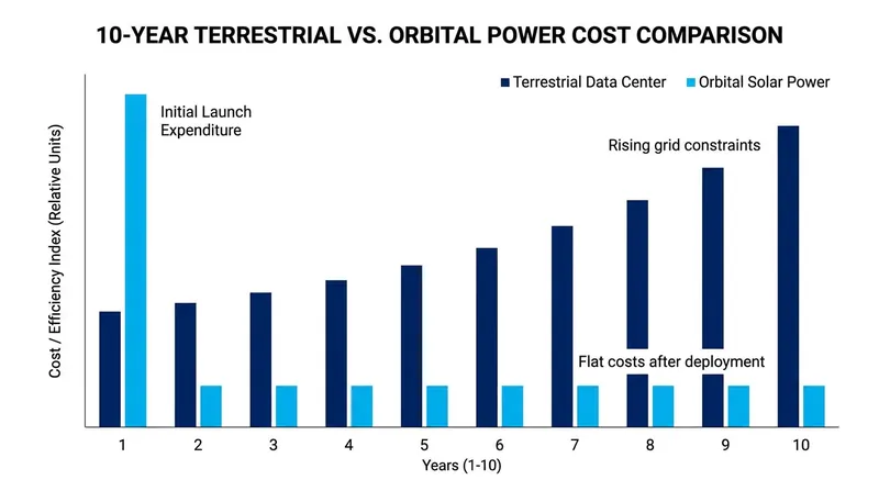 Orbital compute offers a fixed-cost energy model compared to rising terrestrial utility rates.