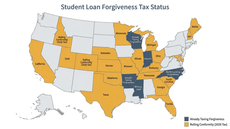 Borrowers in rolling conformity states will automatically face state-level taxes on their forgiven loans when the federal exemption expires.