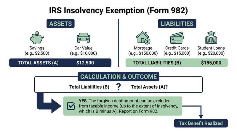 Form 982 allows borrowers whose total debts exceed their assets to legally shield their forgiven loans from taxation.