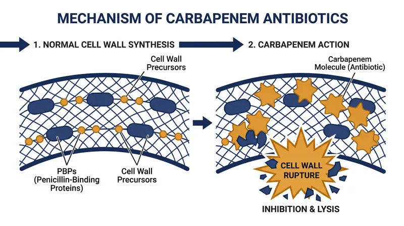 Carbapenems work by binding to essential proteins in the bacterial cell wall, disrupting its structure and killing the pathogen.