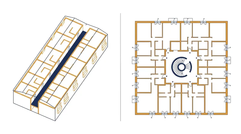 A comparison of the traditional double-loaded corridor versus the space-efficient point access block.