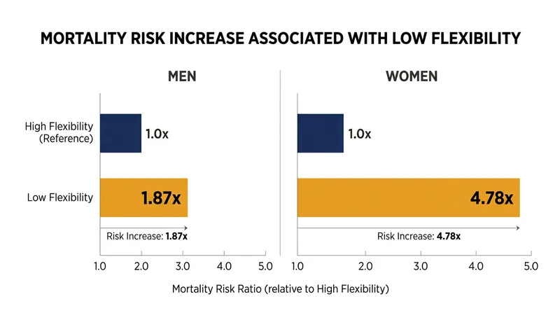 Hazard ratios showing the increased risk of mortality for individuals in the lowest tier of flexibility compared to the highest tier.