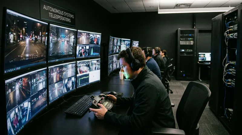 Without in-cabin manual controls, AV companies rely on remote teleoperation centers to monitor and assist vehicles during edge cases.