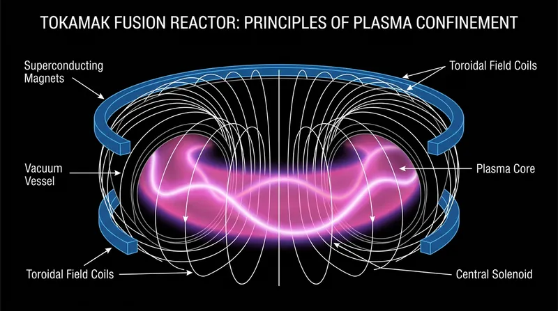 A tokamak uses powerful superconducting magnets to confine plasma that is hotter than the core of the sun.