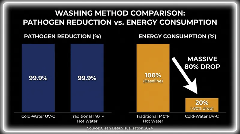 UV-C integration allows cold-water cycles to match the sanitization power of hot water while drastically reducing energy consumption.