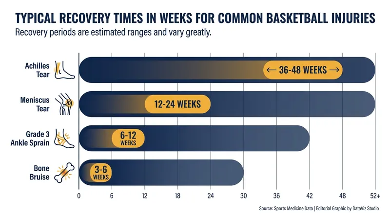 Typical recovery timelines for severe basketball injuries.