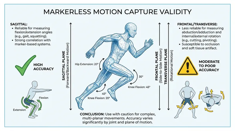 Markerless systems excel at linear movements but struggle to accurately capture complex joint rotations.