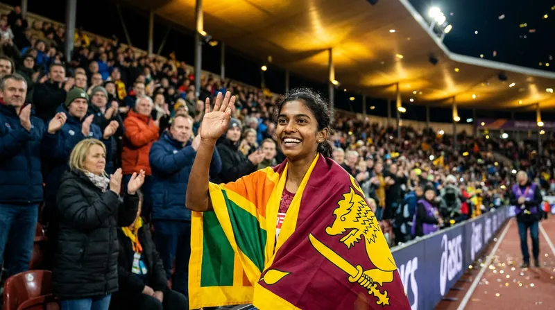 Pathirage celebrates his historic victory, becoming Sri Lanka's first-ever Diamond League gold medalist.