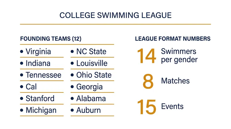 The 12 founding programs of the College Swimming League and the inaugural season format.