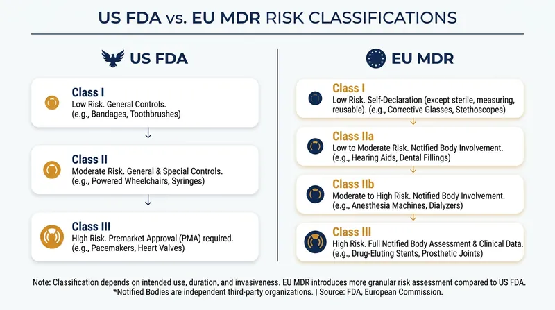 While the FDA uses a three-tier risk system, the EU MDR employs a more granular four-tier approach.