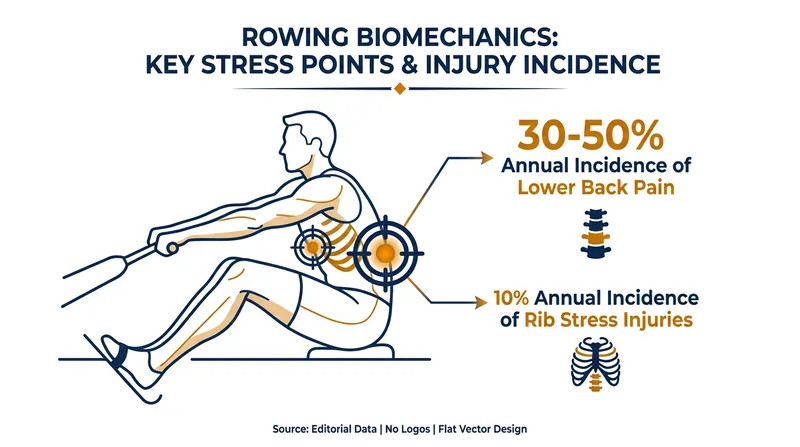 Lower back and rib stress injuries account for the vast majority of missed training time in elite rowing.