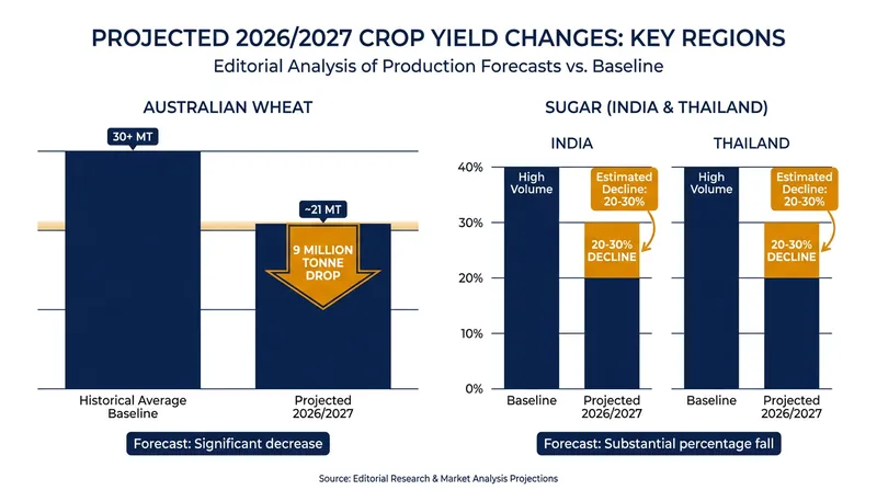 Projected agricultural shortfalls highlight the asymmetric impact of El Niño on specific regional crops.