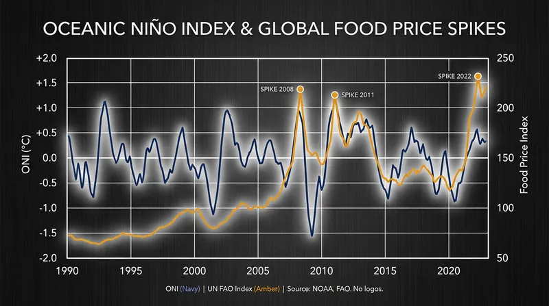 Historical data shows a strong correlation between rising Pacific sea surface temperatures and global food price inflation.