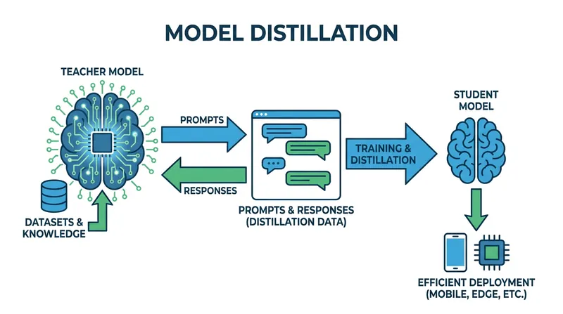 How model distillation transfers capabilities from a frontier model to a smaller system.