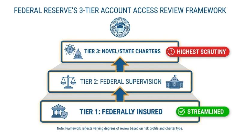 The Federal Reserve evaluates account access requests based on a tiered framework of regulatory supervision.