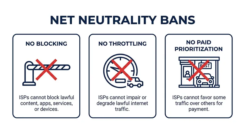The three primary compliance obligations under strict net neutrality rules.