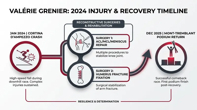 Grenier's timeline from a devastating multi-ligament tear to a World Cup podium return.