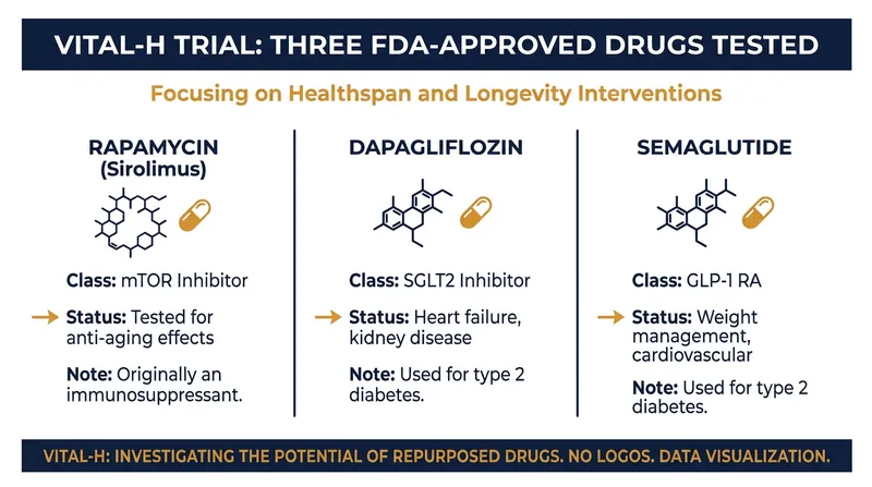 The three interventions were selected for their proven ability to target core metabolic and cellular aging pathways.