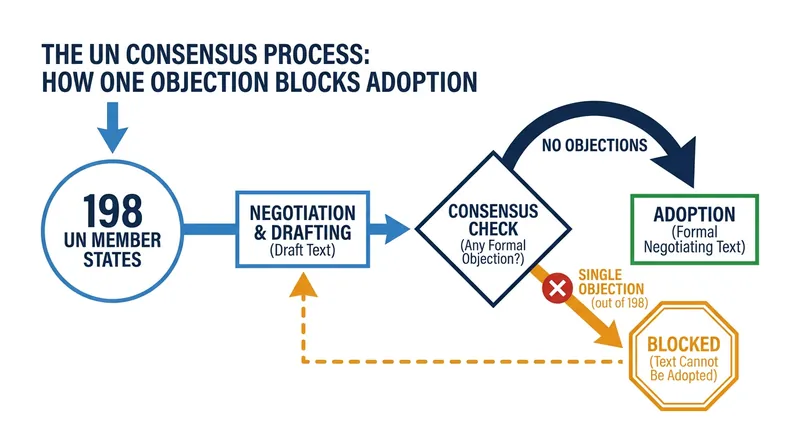 Under UNFCCC rules, formal texts require absolute consensus, allowing a small bloc of nations to veto agreements.