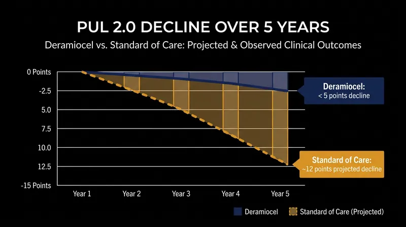 Patients treated with deramiocel experienced significantly less decline in upper limb function over five years compared to standard-of-care projections.