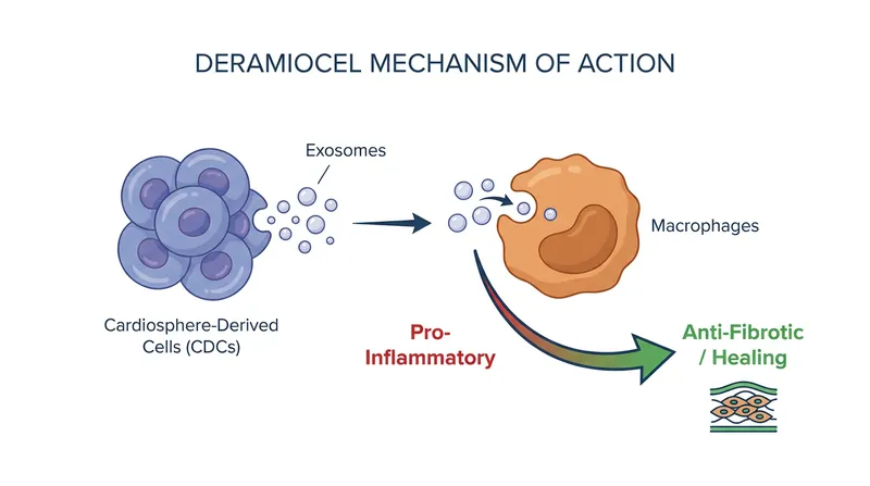 Deramiocel works by releasing exosomes that reprogram the body's immune cells to reduce inflammation and scarring.