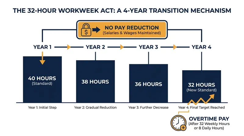The proposed legislation would phase in the 32-hour threshold over four years while protecting total compensation.