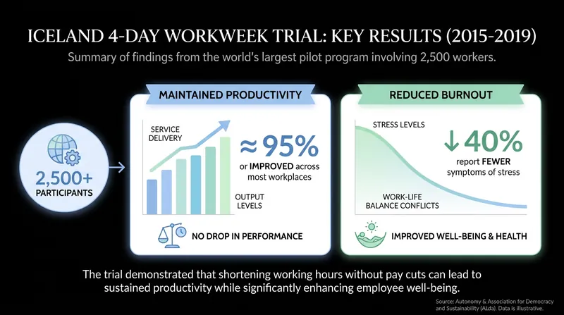 Trials in Iceland involving 1 percent of the national workforce showed that shorter hours maintained output while drastically reducing burnout.