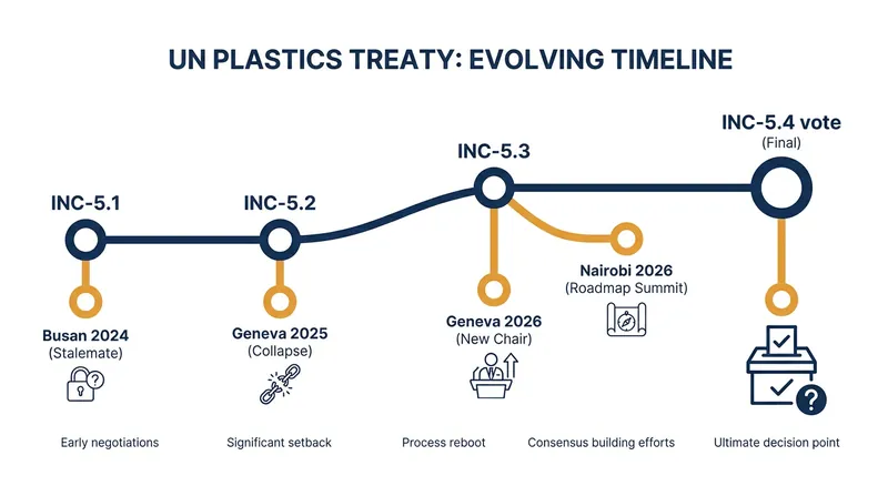 The timeline of the UN Intergovernmental Negotiating Committee (INC) process.