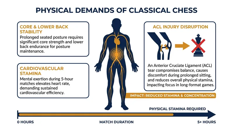 How lower-body orthopedic injuries impact the physical stamina required for marathon classical chess games.