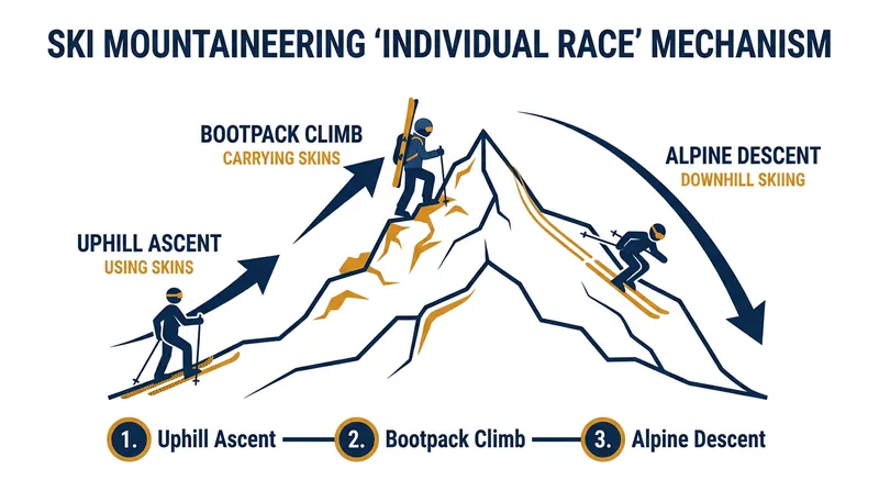 The individual race format forces athletes to navigate multiple ascents and descents across rugged alpine terrain.