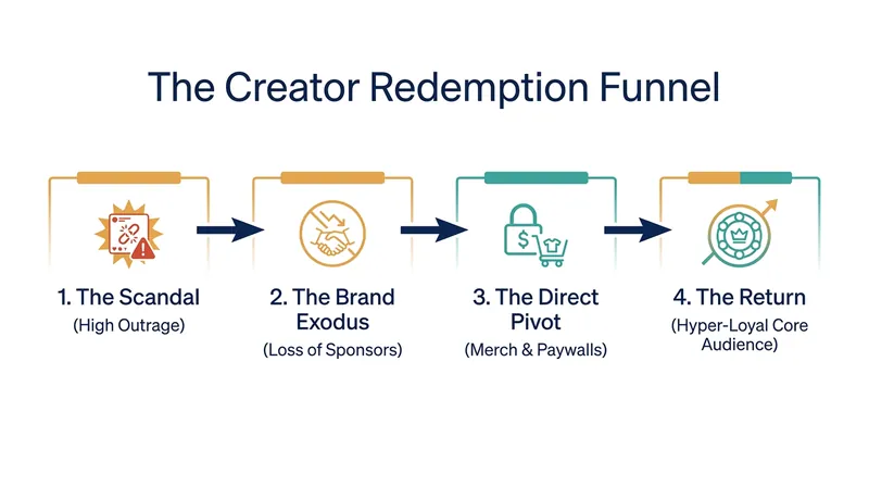 The predictable cycle that transforms public exile into a direct-to-consumer business model.