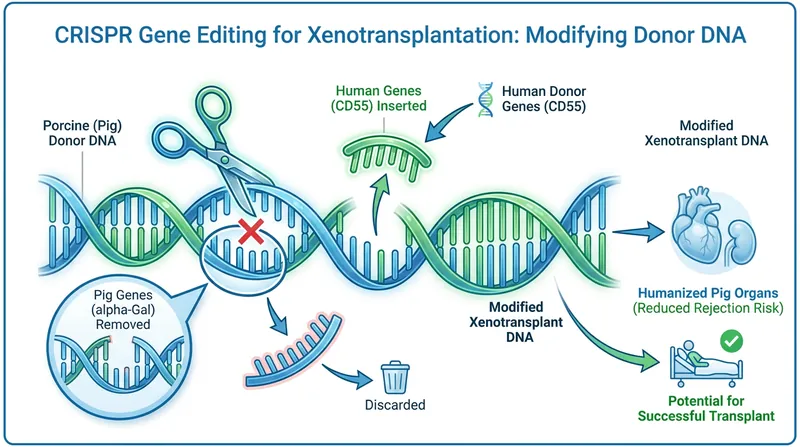 CRISPR-Cas9 is used to remove pig antigens and insert human genes, hiding the organ from the recipient's immune system.