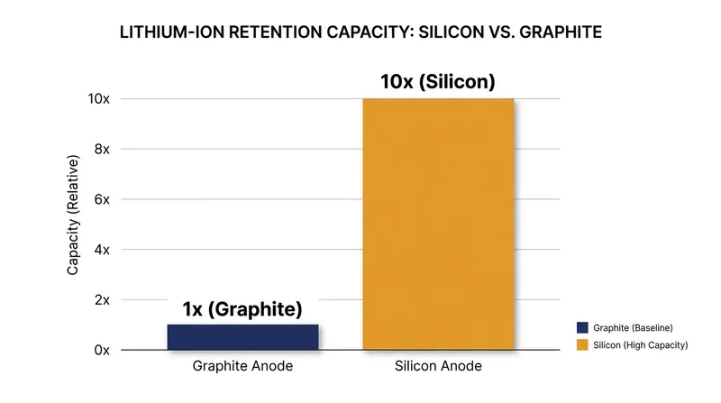 The chemical advantage of silicon over graphite in battery anodes.
