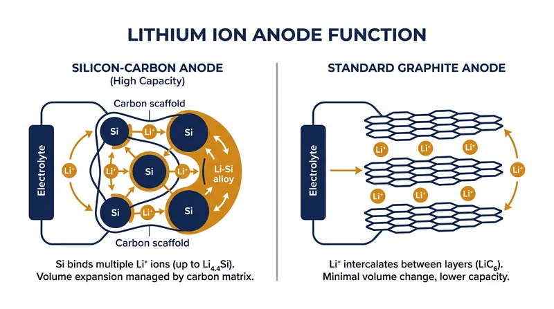 Silicon can bond with up to ten times more lithium ions than traditional graphite.