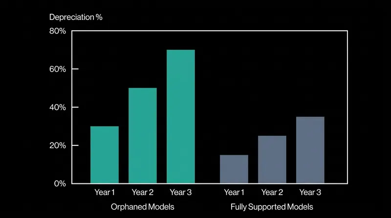 Vehicles from brands exiting a market typically see steeper initial depreciation, altering the buy-versus-lease math.