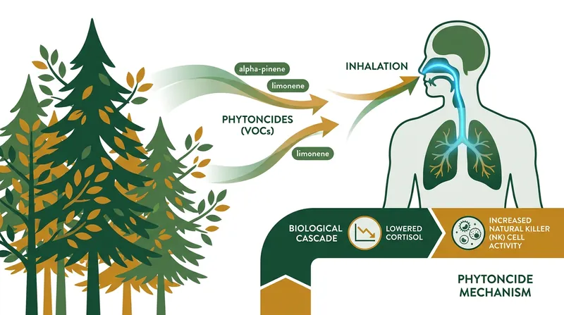 Trees emit antimicrobial compounds called phytoncides, which act as systemic biological signals when inhaled by humans.