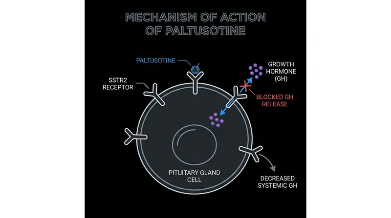 Paltusotine selectively binds to SSTR2 receptors on the pituitary gland, halting the excess production of growth hormone.