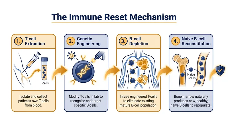 How CAR-T cells eliminate rogue B-cells and allow the immune system to rebuild without autoreactive memory.