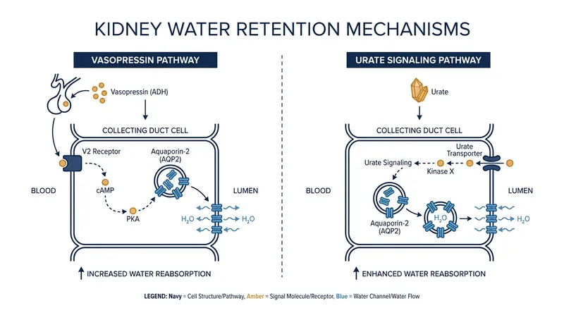 How the newly discovered urate signaling cascade bypasses the traditional vasopressin pathway to reabsorb water.