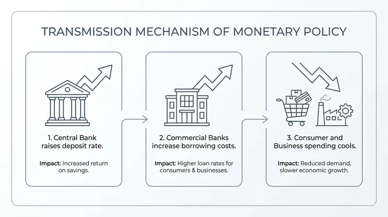 The transmission mechanism: How a central bank rate hike flows through the financial system to cool consumer demand.