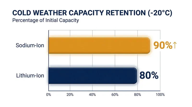 Sodium-ion batteries suffer significantly less degradation in extreme winter conditions compared to traditional lithium-based cells.