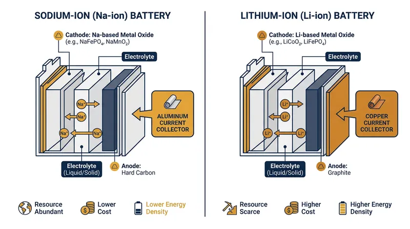Sodium-ion cells replace expensive copper current collectors with cheaper aluminum, driving down manufacturing costs.