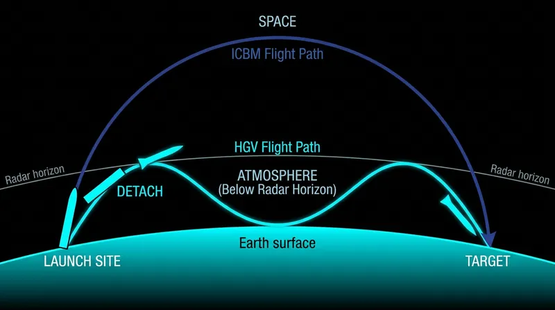 Unlike traditional ICBMs, hypersonic glide vehicles maneuver in the upper atmosphere to evade early-warning radars.