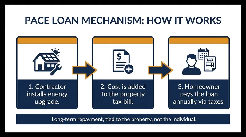 Unlike traditional loans, PACE financing is repaid through an annual assessment added directly to a homeowner's property tax bill.